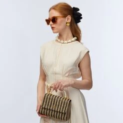 PEBBLED SAND RAFFIA TABITHA TOP HANDLE CROSSBODY -Lele Sadoughi Shop lele sadoughi bags one size pebbled sand raffia tabitha top handle crossbody 36724029194402