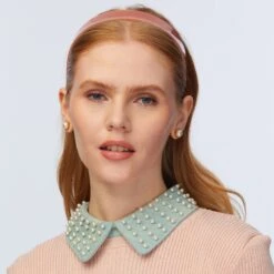 FADED DENIM PEARL EMBELLISHED COLLAR 7 FADED DENIM PEARL EMBELLISHED COLLAR -Lele Sadoughi Shop lele sadoughi collars one size faded denim pearl embellished collar 36616517681314