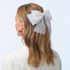IVORY SWISS DOT SHEER BOW BARRETTE -Lele Sadoughi Shop lele sadoughi hair one size ivory swiss dot sheer bow barrette 36061650944162