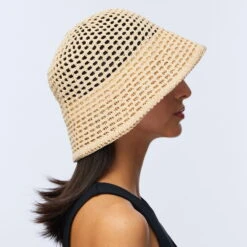 NATURAL OPEN WEAVE BUCKET HAT -Lele Sadoughi Shop lele sadoughi hats one size natural open weave bucket hat 36582213288098