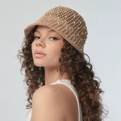 NATURAL OPEN WEAVE PEARL BUCKET HAT -Lele Sadoughi Shop lele sadoughi hats one size natural open weave pearl bucket hat 35019457364130
