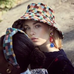 RAINBOW POP CHECKERED LONG BRIM BUCKET HAT -Lele Sadoughi Shop lele sadoughi hats one size rainbow pop checkered long brim bucket hat 36062329831586