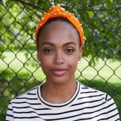 ORANGE NY METS EMBELLISHED KNOTTED HEADBAND -Lele Sadoughi Shop lele sadoughi headbands fanta ny mets embellished knotted headband 35422588862626
