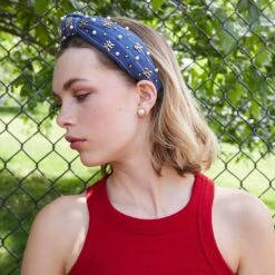 NAVY NY YANKEES EMBELLISHED KNOTTED HEADBAND 11 NAVY NY YANKEES EMBELLISHED KNOTTED HEADBAND -Lele Sadoughi Shop lele sadoughi headbands navy ny yankees embellished knotted headband 35422524440738