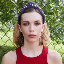 NAVY TEXAS RANGERS EMBELLISHED KNOTTED HEADBAND -Lele Sadoughi Shop lele sadoughi headbands navy texas rangers embellished knotted headband 35422475157666