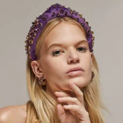 FEBRUARY AMETHYST CANDY JEWELED VELVET KNOTTED HEADBAND -Lele Sadoughi Shop lele sadoughi headbands one size amethyst amethyst candy jeweled knotted headband 34609181556898