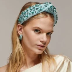 MARCH AQUAMARINE GLITTERING CRYSTAL VELVET KNOTTED HEADBAND -Lele Sadoughi Shop lele sadoughi headbands one size aquamarine aquamarine glittering crystal velvet knotted headband 34609208819874