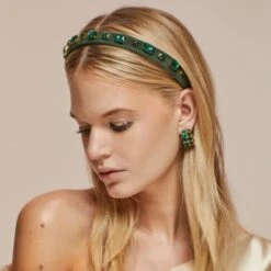 MAY EMERALD RECTANGLE CRYSTAL VELVET GIGI HEADBAND -Lele Sadoughi Shop lele sadoughi headbands one size emerald emerald rectangle crystal velvet gigi headband 34610060787874