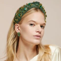 MAY EMERALD RECTANGLE CRYSTAL VELVET KNOTTED HEADBAND -Lele Sadoughi Shop lele sadoughi headbands one size emerald emerald rectangle crystal velvet knotted headband 34609300930722