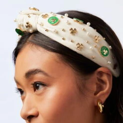 IVORY BOSTON CELTICS EMBELLISHED KNOTTED HEADBAND -Lele Sadoughi Shop lele sadoughi headbands one size ivory boston celtics embellished headband 36574020862114