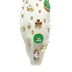 IVORY BOSTON CELTICS EMBELLISHED KNOTTED HEADBAND -Lele Sadoughi Shop lele sadoughi headbands one size ivory lele nba boston celtics embellished headband 36515260465314