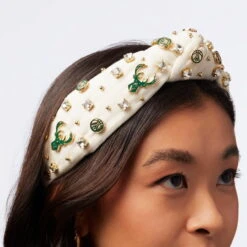 IVORY MILWAUKEE BUCKS EMBELLISHED KNOTTED HEADBAND -Lele Sadoughi Shop lele sadoughi headbands one size ivory lele nba milwaukee bucks embellished headband 36573902045346