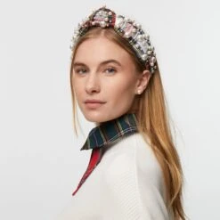 IVORY PLAID MULTI PEARL PLAID KNOTTED HEADBAND -Lele Sadoughi Shop lele sadoughi headbands one size ivory plaid multi pearl plaid knotted headband 35994500333730