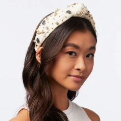IVORY GOLDEN STATE WARRIORS EMBELLISHED KNOTTED HEADBAND -Lele Sadoughi Shop lele sadoughi headbands one size ivory san francisco gsw embellished headband 36579238903970