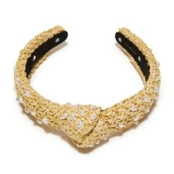 NATURAL PEARL EMBELLISHED RAFFIA SLIM KNOTTED HEADBAND -Lele Sadoughi Shop lele sadoughi headbands one size natural pearl embellished raffia slim knotted headband 36542070784162