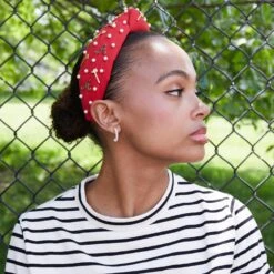 RED ATLANTA BRAVES EMBELLISHED KNOTTED HEADBAND -Lele Sadoughi Shop lele sadoughi headbands red atlanta braves embellished knotted headband 35461655724194