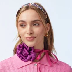 PLUM SILK GARDENIA RIBBON CHOKER -Lele Sadoughi Shop lele sadoughi necklaces one size plum silk gardenia ribbon choker 36061560275106