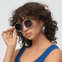 TILE BLUE PAROS ROUND SUNGLASSES -Lele Sadoughi Shop lele sadoughi sunglasses one size tile blue paros round sunglasses 35342316142754